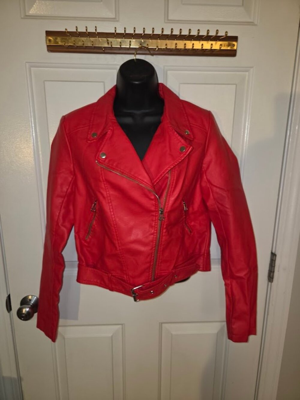 Women Red Faux Leather Biker Jacket primark short fit zippered pockets size 8 M